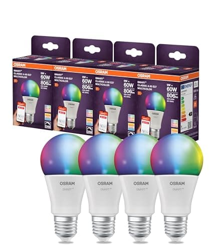 OSRAM Lampada LED SMART A60 forma lampadina E27, 9W ZigBee 3.0, RGBW 16 milioni di colori, dimmerabile, controllo app, Alexa,4-Pack