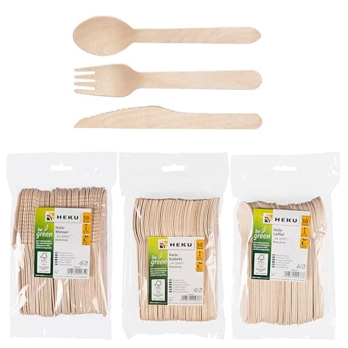 HEKU be green - Juego de cubiertos desechables de 150 piezas de madera de abedul, 50 cuchillos (16,5 cm), 50 tenedores, 50 cucharas (15,7 cm), compostables, fabricados con materias primas renovables y