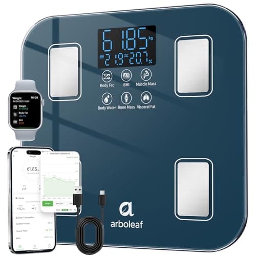 arboleaf USB Rechargeable Smart Body Fat Scale, High Precision Weighing Scale with Dual-Row LED Display, Digital Bathroom Scale with 14 Body Composition Metrics for BMI Muscle Mass, 400lb/180kg