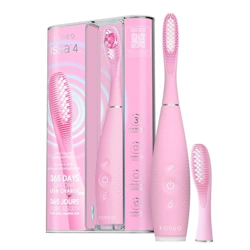 FOREO ISSA 4 Sonic Electric Toothbrush – 4-in-1 Rechargeable Tooth Brush with Extra Brush Head for 12 Months Use, Soft Bristles, Electric Toothbrush Head Replacement, Whitening Teeth - Pearl Pink