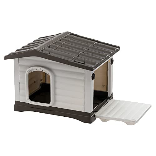 Ferplast Dog Villa XS Dog House for Extra Small Dog Breeds, Measures 23Lx17Wx18H Inches, Ventilated with Patented Fold-Out Porch, Cream with Dark Brown Bottom, Part # 87252799US1