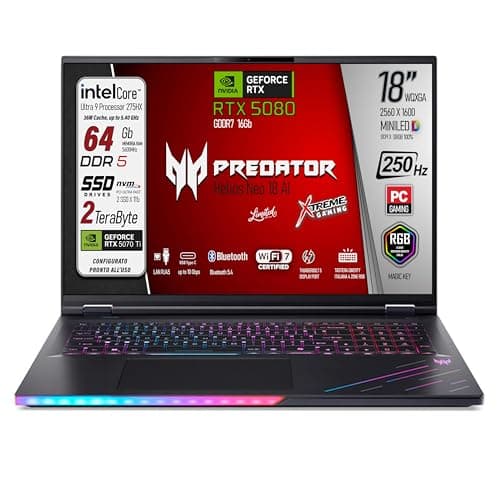 acer Predator Helios 18 Ai Portatile Gaming, Intel Ultra 9-275X, RAM 64 Gb DDR5 SSD 2TB (2x1Tb), Display 18" WQXGA 250Hz MINILED, GeForce RTX 5080 16Gb GDDR7, WI-FI 7, Win 11, Ready to use