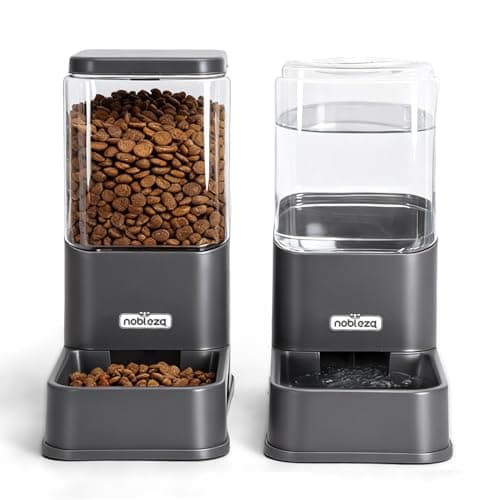 Nobleza Automatic Dog Cat Food Feeder and Waterer Set, 3.8 L Dog Cat Water and Food Dispenser, Automatic Pet Water Dispenser Pet Feeder for Small Medium Dogs, Puppy and Cats, 2 Packs, Dark Grey