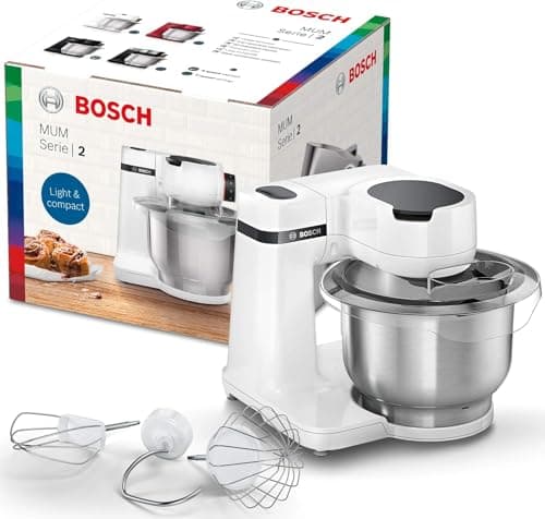 Bosch Serie 2 Planetaria Impastatrice MUMS2EW00, 700 W, Capiente Ciotola in Acciaio Inox da 3,8 L, 4 Livelli di Velocità, Fruste e Gancio Inclusi, Accessori Lavabili in Lavastoviglie, Bianco