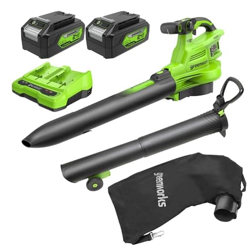 Greenworks 48V(24V x 2) Aspirafoglie Soffiatore a Batteria con Tracolla, Motore Brushless, 386km/h, 14.73m³/min, Sacco di Raccolta 45L, due 4Ah Batterie, e Caricabatterie, Garanzia 3 Anni BL48L421-01
