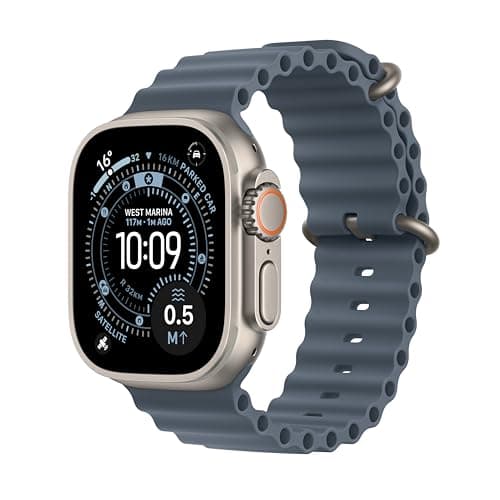 Apple Watch Ultra 3 GPS + Cellular 49mm Premium Running and Multisport Smartwatch with Rugged Natural Titanium Case with Anchor Blue Ocean Band. Advanced Health and Fitness Tracking