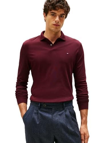 Tommy Hilfiger Men's Long Sleeve Casual Polo Shirts in Regular Fit with Liquid Cotton Casual Long Sleeve Polo Shirt in Regular Fit with Liquid Cotton (Pack of 1), Burgundy red, XXL
