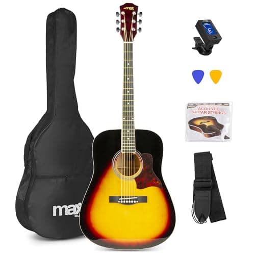 MAX SoloJam Westerngitarre, Akustik Gitarre Set, Acoustic Guitar, Akustikgitarre 4/4 mit Tasche, Plektrum, Stimmgerät, Schultergurt und Stahlsaiten, Anfängergitarre in Sunburst