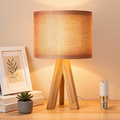 Warmiehomy 37cm Wooden Bedside Table Lamp, Modern Tripod Table lamp with Brown-Red Fabric Shade, Button Switch, 4W E27 Warm Light Bedside Lamps for Bedroom, Living Room, Study, Office (Bulb Included)