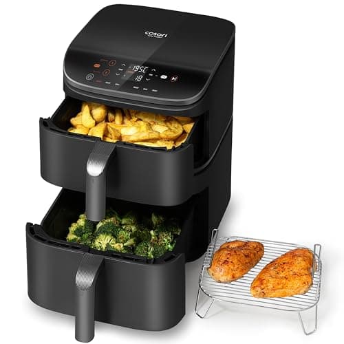 COSORI Airfryer, Hot Air Fryer, 2 Chambers, 10.8 L Hot Air Fryer, Innovative Multiple Air Speed, Saves 41% Space, Includes Recipe Book & Stainless Steel Grate