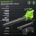 Greenworks 48V(24V x 2) Aspirafoglie Soffiatore a Batteria con Tracolla, Motore Brushless, 386km/h, 14.73m³/min, Sacco di Raccolta 45L, due 4Ah Batterie, e Caricabatterie, Garanzia 3 Anni BL48L421-01 - 2
