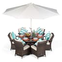 Giardino Arizona Round 6 Seater Brown Rattan Dining Set | Outdoor Rattan Garden Table & Chairs with Parasol, Base & Cover - 1