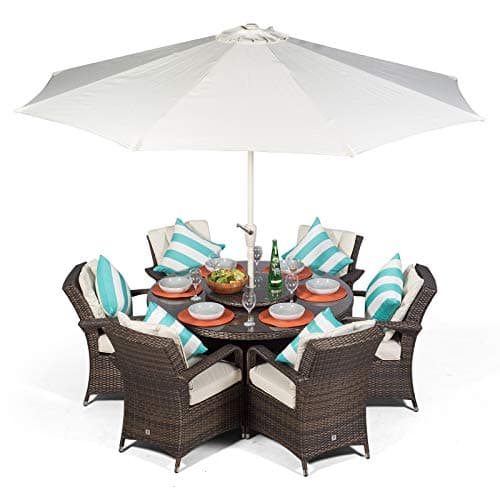Giardino Arizona Round 6 Seater Brown Rattan Dining Set | Outdoor Rattan Garden Table & Chairs with Parasol, Base & Cover