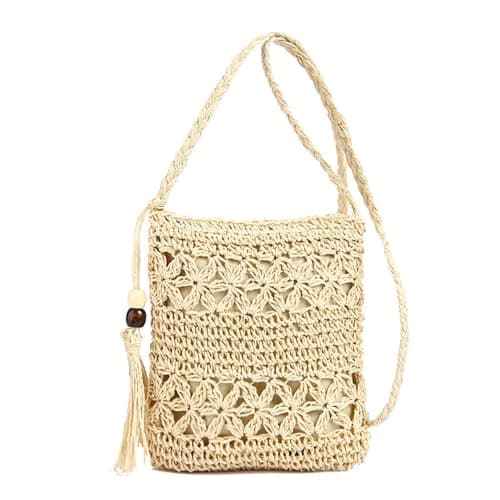Bolsos Tejidos Crochet Bolso de Mano Mujer Hippie Bolsa Bolsos Pequeños Mujer Summer Beach de Crochet Hechos A Mano Hecho Tejido Bohemio Ideal para Playa Verano Vacaciones(Beige)