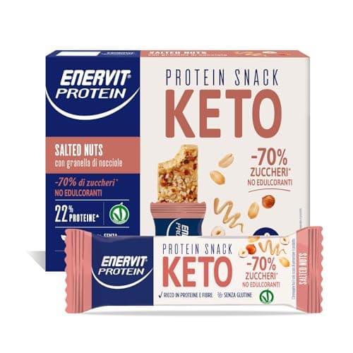 Enervit, Protein Snack Keto Salted Nuts, -70% di Zuccheri, Ricco in Proteine, Per il Controllo del Peso, Indicato per la Keto Diet, VeganOK, Senza Glutine, 8 Barrette da 35g