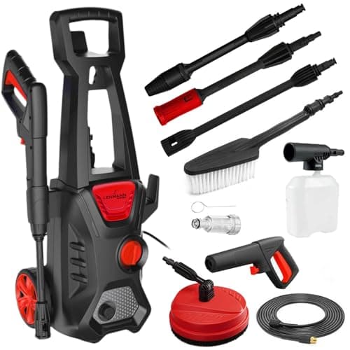 LEHMANN Jukon Idropulitrice Alta Pressione, 1600 W, Pressione max. 200 bar, Portata 480 l/h, Autoadescante, Con Accessori - Pistola, Lance, Lancia Schiuma, Spazzola per Patio, Spazzola per Cerchi