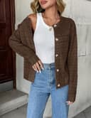 Zeagoo Cárdigan de punto para mujer, manga larga, cuello redondo, botones, chaqueta de punto frontal abierta, suéter elegante para mujer, A-marrón., M - 4