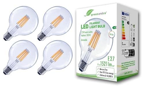 greenandco 4 lampadine a filamento LED | trasparenti | dimmerabile | E27 G95 | 7,2 W 1521 lm | sostituisce 100 W | 3000 K bianco caldo | 320° | 230 V | senza sfarfallio | Classe energetica A