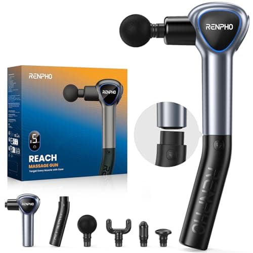Pistola Massaggio Muscolare con Manico Staccabile, RENPHO Reach pistola per massaggi, 5 velocità, 4 testine massaggianti, LED, 2 in 1 Massaggiatore a Percussione Profonda, Nero