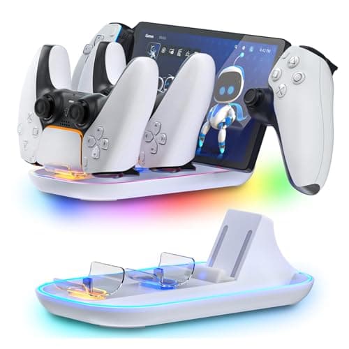 HEATFUN PS Portal Charging Dock Station - 3-in-1 Charger for Playstation 5 Portal & Dual PS5 Controllers, RGB Light Accessories Stand - White Display Base with Type-C Cable for Gaming Setup