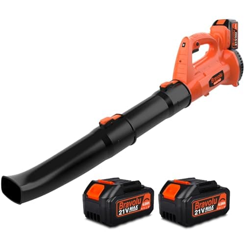 Soffiatore a Batteria, Bravolu 21V Soffiatore Foglie Elettrico, con Batteria da 2 X 4,0Ah e Caricabatteria, Velocità Aria Max Regolabile 240 km/h, 20000 RPM con 6Velocità Regolabili, Ugelli a 2Sezioni