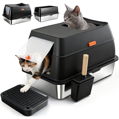 ZAKVOP Arenero para Gatos de Acero Inoxidable, XL Caja de Arena Gato Cerrada con Tapa, Doble Entrada y Alfombrilla Antiderrames, Bandeja Antifugas para Gato Grande y Multiuso Cat Litter Box
