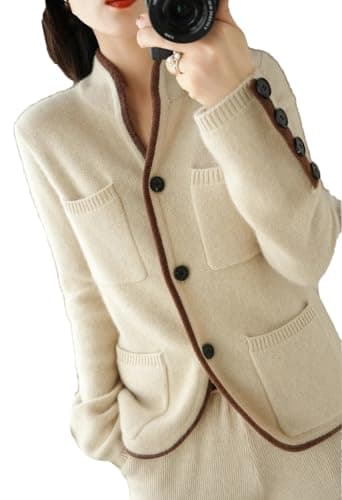 100% Lana Merino Maglione Blazer da Donna con Colletto Stante, Cappotto da Maglione in Maglia Tinta Unita, Cardigan Solido, Beige, M