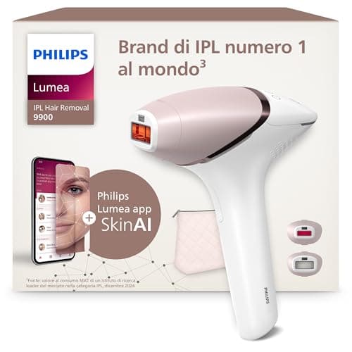 Philips Lumea Serie 9900, dispositivo di depilazione IPL, alternativa alla depilazione laser, tecnologia SenseIQ e SkinAI, 2 accessori per corpo e viso, BRI950/02