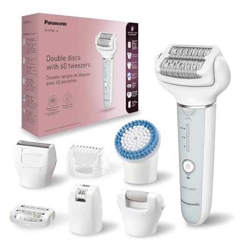 Panasonic ES-EY90-A511 Wet and Dry Epilator, Double Disc with 60 Tweezers, Flexible 90° Pivoting Head, 3 Speed Seting & LED Light, Up to 30 Minutes Operation Time.