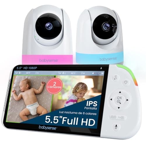 Babysense Videovigilancia Full HD con pantalla dividida con 2 cámaras, luz nocturna en 6 colores, detector de sonido y luz, batería de 20 horas, conexión segura sin necesidad de WLAN