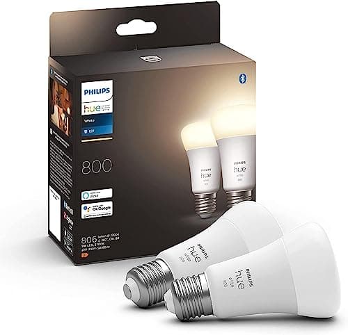 Philips Hue White E27 LED bulb, 810lm, warm white, dimmable, controllable via app, compatible with Amazon Alexa (Echo, Echo Dot), pack of 2, old generation