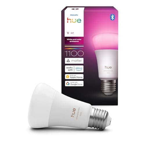 Bombilla A60 Philips Hue Smart LED, White and Color Ambiance, base E27, 8,1 W, luz espectro completo 1000-20.000 K, 1100 lm, regulable, funciona con Alexa, Google Assistant y Apple Home, paquete 1 ud.