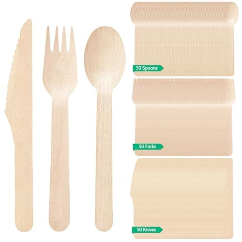 150 Pezzi Set Di Posate In Legno Usa E Getta, 50 Forchette, 50 Cucchiai, 50 Coltelli, Posate Usa E Getta In Legno, Compostabili, Posate Usa E Getta, Per Feste, Campeggio, Matrimoni, Compleanni