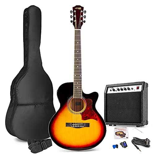 MAX Guitarra Acústica Eléctrica Sunburst - Set Completo con Amplificador 40W, Funda, Afinador Digital, Correa, Púas y Cuerdas de Repuesto - Perfecta para Principiantes y Profesionales