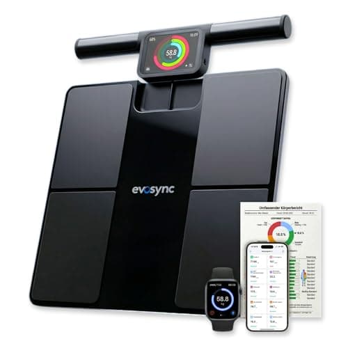 Evosync Körperanalyse-Waage – Smart Körperfettwaage mit 58 Gesundheitsmetriken, 8-Elektroden-Technologie, hochpräzise Messung, kostenlose App ohne Abo, Multi-User, Bluetooth & Reportfunktion