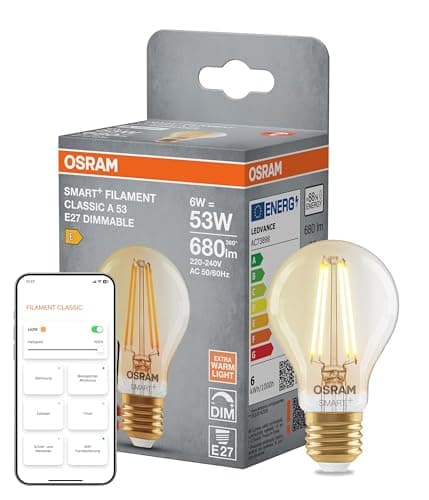 Osram SMART+ LED-Lampe, A53, 6W, 2400K, E27, Kolbenform, Filament, Gold, dimmbar, steuerbar per App oder Sprache, kompatibel mit Matter-Systemen