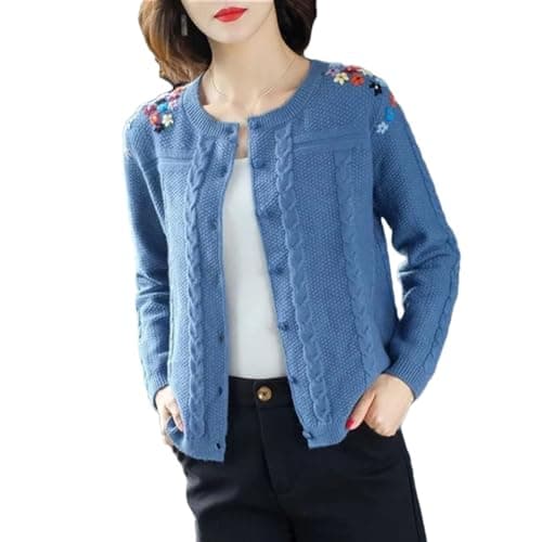 DBFBDTU - Maglione da donna lavorato a maglia, cardigan vintage, cappotto per madre di mezza età con ricami, giacca in maglia, Blu, XXL