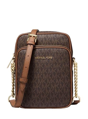 Michael Kors Jet Set Travel Signature - Bolsa bandolera de viaje de PVC con logotipo mediano, Marrón, Medium