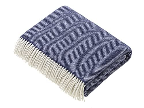 Moon Wool Plaid Throw Blanket, Merino Lambswool, Herringbone Navy, Made in UK