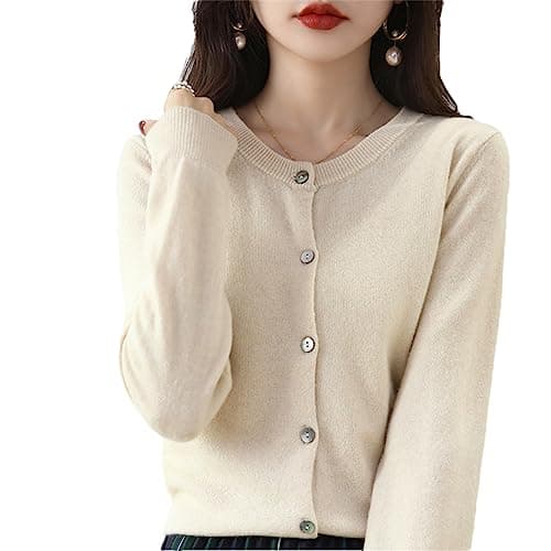 Cardigan da donna in cashmere girocollo, a maniche lunghe, tinta unita, morbido, beige, S