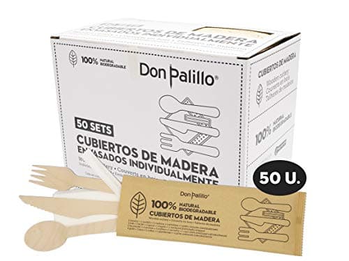 DON PALILLO - 50 Sets de Cubiertos de Madera Desechables envasados en Papel Kraft. Cada Set Contiene 1 Tenedor + 1 Cuchillo + 1 Cuchara + 1 servilleta de Papel + 1 palillo env. Ind. Total 50 Sets