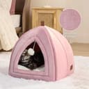 Bedsure Cat Cave Bed Indoor - Flannel Hooded Cat Igloo House, 40x40x40cm Enclosed Foldable Pet Bed with Removable Washable Cushion Pillow, Pink - 2
