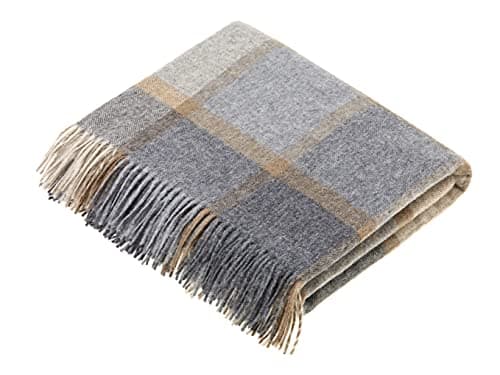 Moon Wool Plaid Throw Blanket, Merino Lambswool, Block Windowpane Beige Grey, Made in UK