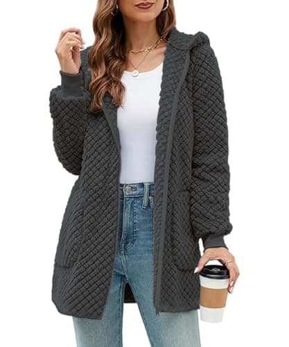 ABINGOO Damen Winterjacke Fleecejacke Lang Kapuzenjacke Teddyjacke Flauschig Plüschjacke Warm Reißverschluss Hoodie Kuscheljacke Wintermantel Mit Taschen(Grau,M)