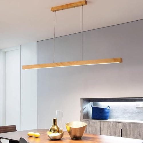 Adjustable LED Dining Table Lamp with Remote Control Modern Linear Design for Kitchen Island Living Room Office - Wooden Finish 100cm Height