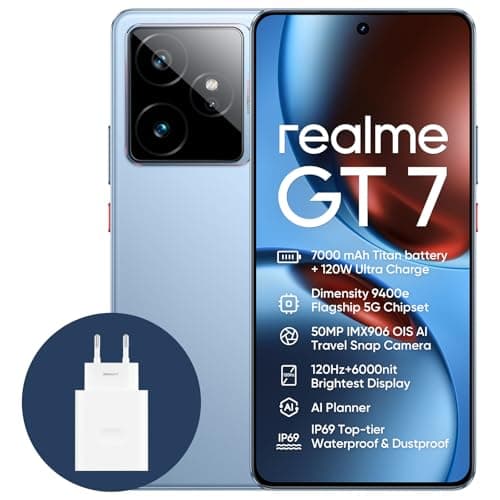realme GT7, 5G, Smartphone, 12+256GB, 7000 mAh Battery, 120W Charge, Dimensity 9400e Chipset, IMX906 50MP Camera, AI Planner, 6000nits Pro-Esports 120Hz Display, IP69, Blue, Amazon Exclusive