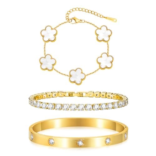 3 Stück Vergoldet Kleeblatt Armband Damen - Kristallen Tennis Armband 6mm Breit Cubic Zirkonia Armreif für Frauen, Wasserfester Tennisarmband mit Edelstahl Armbänder Set Geschenke für Damen, GWeiß