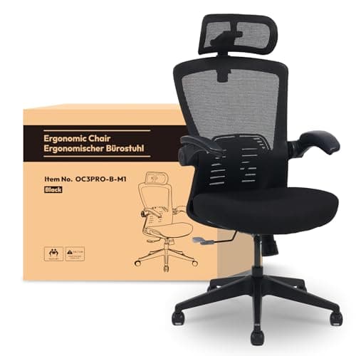 FLEXISPOT Ergonomic Office Chair with 3D Headrest and Height-Adjustable Backrest, Folding PU Armrests, W-Shaped Foam Seat, 135° Back Adjustment, Maximum Load 150 kg (Black)