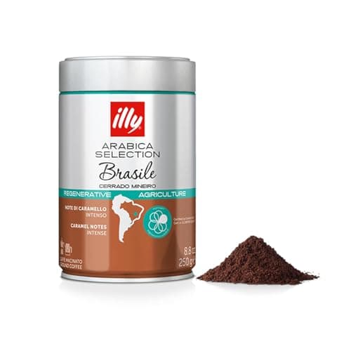 illy, Café Molido Espresso Arábica Selection Brasile Cerrado Mineiro, 100% Arábica con Notas de Caramelo y Frutos Secos, Sabor Intenso, 1 Lata de 250g