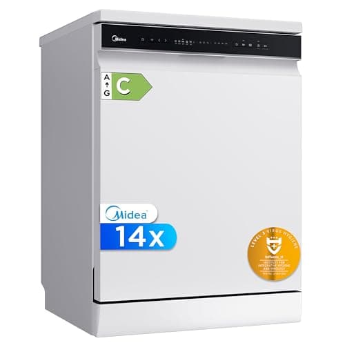 Midea Lavavajillas 60 cm+++ Blanco para 14 servicios - Lavaplatos libre instalación - Compacto con 10 Programas de Lavado integrable - Filtro Antibacterias y Programación Horaria Nuevo Modelo